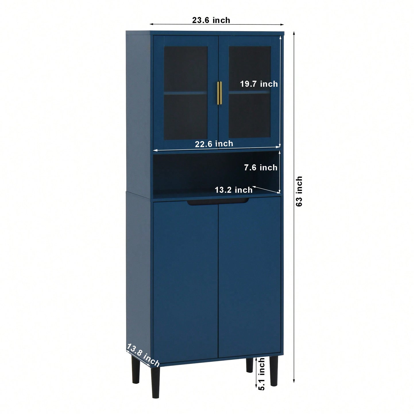 Stylish Tall Storage Bookcase With Glass Doors And Gold Handles - Modern Freestanding Cabinet For Kitchen Or Living Room, Blue Finish