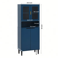 Stylish Tall Storage Bookcase With Glass Doors And Gold Handles - Modern Freestanding Cabinet For Kitchen Or Living Room, Blue Finish