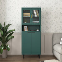 Stylish Tall Storage Bookcase With Glass Doors And Gold Handles - Modern Freestanding Cabinet For Kitchen Or Living Room, Blue Finish