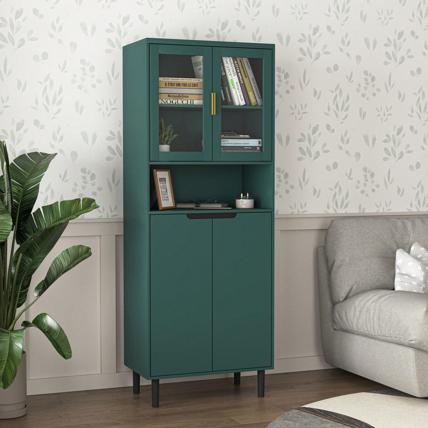 Stylish Tall Storage Bookcase With Glass Doors And Gold Handles - Modern Freestanding Cabinet For Kitchen Or Living Room, Blue Finish