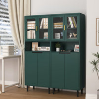 Stylish Tall Storage Bookcase With Glass Doors And Gold Handles - Modern Freestanding Cabinet For Kitchen Or Living Room, Blue Finish