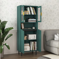 Stylish Tall Storage Bookcase With Glass Doors And Gold Handles - Modern Freestanding Cabinet For Kitchen Or Living Room, Blue Finish