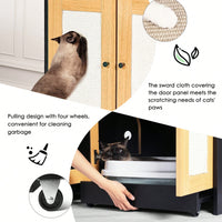 Spacious Double Cat Litter Box Enclosure With Rattan Doors - Stylish Furniture For Two Cats, 47" L X 19.8" W X 21.8" H, Sleek Black Design