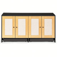 Spacious Double Cat Litter Box Enclosure With Rattan Doors - Stylish Furniture For Two Cats, 47" L X 19.8" W X 21.8" H, Sleek Black Design