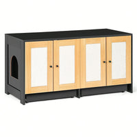 Spacious Double Cat Litter Box Enclosure With Rattan Doors - Stylish Furniture For Two Cats, 47" L X 19.8" W X 21.8" H, Sleek Black Design