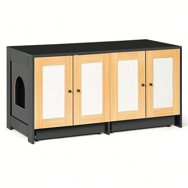 Spacious Double Cat Litter Box Enclosure With Rattan Doors - Stylish Furniture For Two Cats, 47" L X 19.8" W X 21.8" H, Sleek Black Design