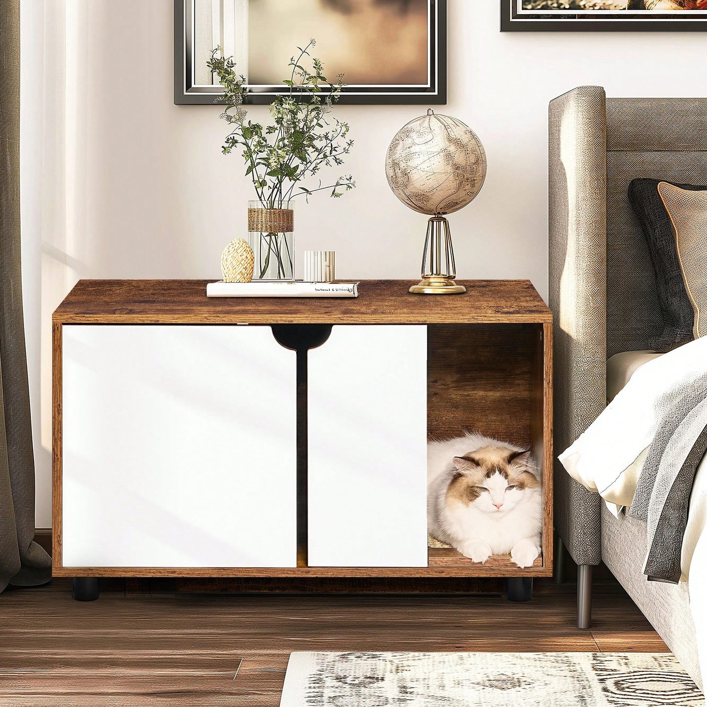 Elegant Cat Litter Box Enclosure with Hidden Design Dual Access Doors Vintage White Finish Ideal for Cat Owners