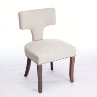 Set Of 2 Curved Backrest Linen Upholstered Dining Chairs With Copper Nail Accents, Farmhouse Style Hardwood Kitchen Seating In Beige