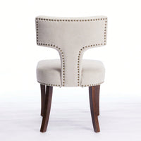 Set Of 2 Curved Backrest Linen Upholstered Dining Chairs With Copper Nail Accents, Farmhouse Style Hardwood Kitchen Seating In Beige