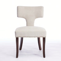 Set Of 2 Curved Backrest Linen Upholstered Dining Chairs With Copper Nail Accents, Farmhouse Style Hardwood Kitchen Seating In Beige