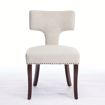 Set Of 2 Curved Backrest Linen Upholstered Dining Chairs With Copper Nail Accents, Farmhouse Style Hardwood Kitchen Seating In Beige