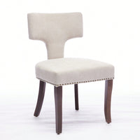 Set Of 2 Curved Backrest Linen Upholstered Dining Chairs With Copper Nail Accents, Farmhouse Style Hardwood Kitchen Seating In Beige