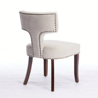 Set Of 2 Curved Backrest Linen Upholstered Dining Chairs With Copper Nail Accents, Farmhouse Style Hardwood Kitchen Seating In Beige
