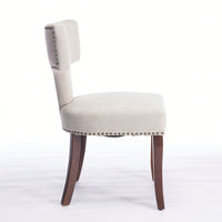 Set Of 2 Curved Backrest Linen Upholstered Dining Chairs With Copper Nail Accents, Farmhouse Style Hardwood Kitchen Seating In Beige