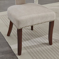 Set Of 2 Curved Backrest Linen Upholstered Dining Chairs With Copper Nail Accents, Farmhouse Style Hardwood Kitchen Seating In Beige