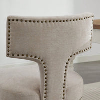 Set Of 2 Curved Backrest Linen Upholstered Dining Chairs With Copper Nail Accents, Farmhouse Style Hardwood Kitchen Seating In Beige