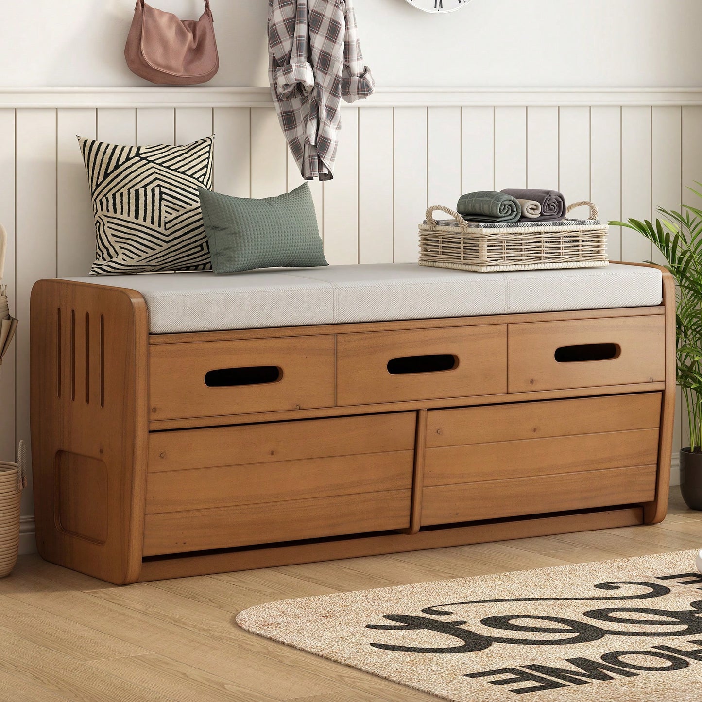 Rustic Storage Bench With Hidden Drawers For Shoes And Accessories, Stylish Entryway Furniture, Functional Living Room Bench - Navy Finish