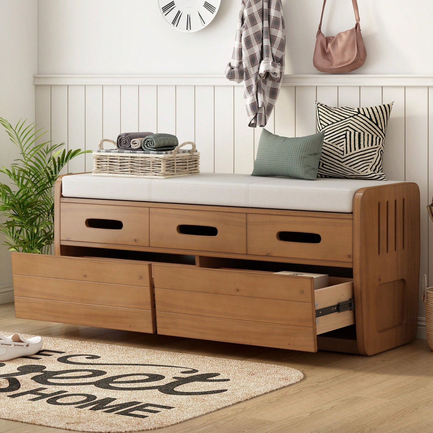 Rustic Storage Bench With Hidden Drawers For Shoes And Accessories, Stylish Entryway Furniture, Functional Living Room Bench - Navy Finish