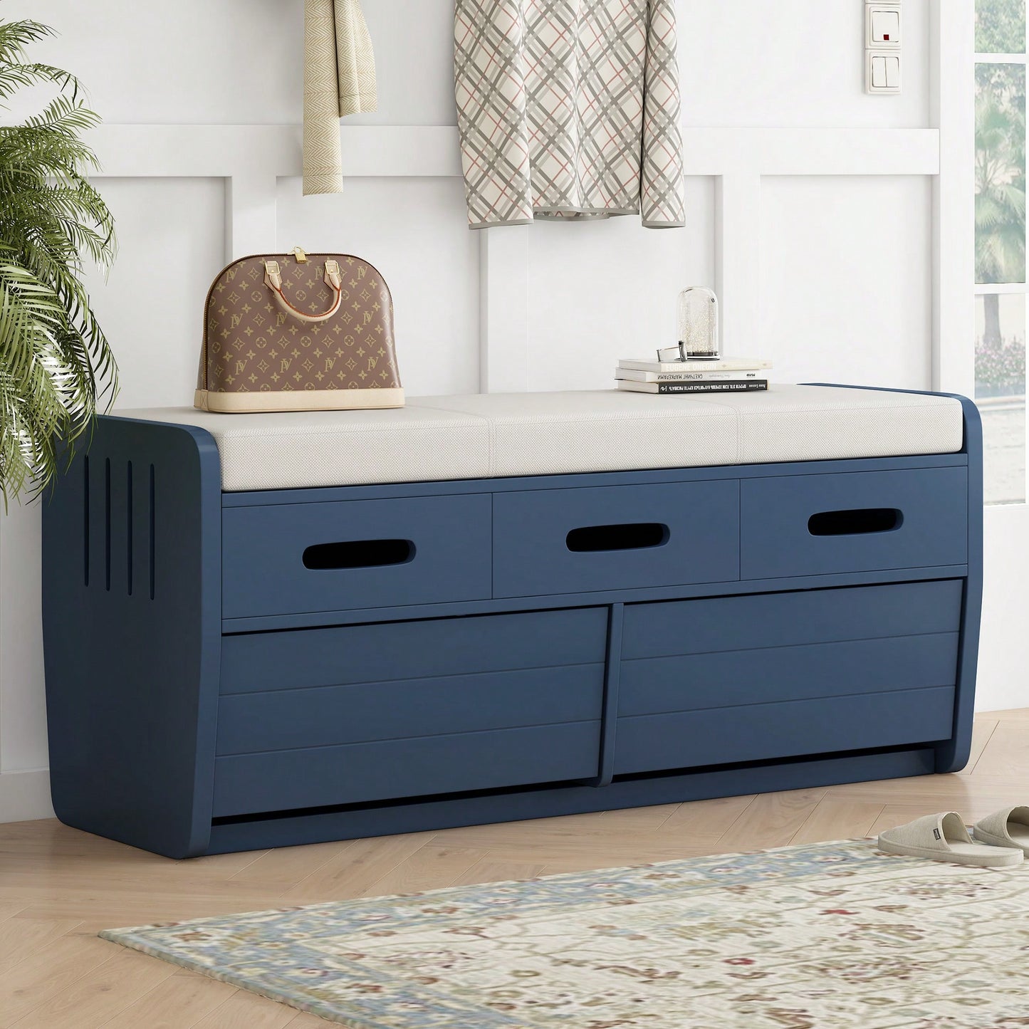 Rustic Storage Bench With Hidden Drawers For Shoes And Accessories, Stylish Entryway Furniture, Functional Living Room Bench - Navy Finish