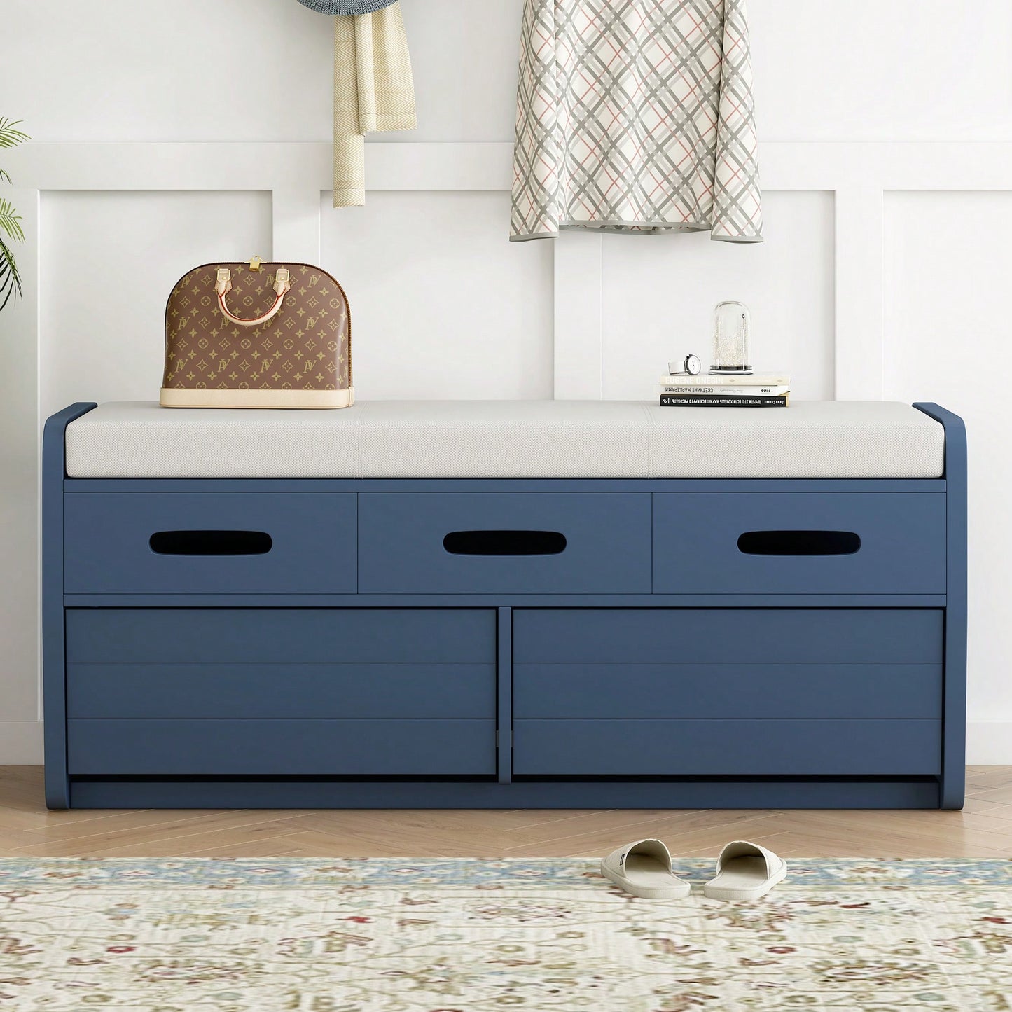 Rustic Storage Bench With Hidden Drawers For Shoes And Accessories, Stylish Entryway Furniture, Functional Living Room Bench - Navy Finish