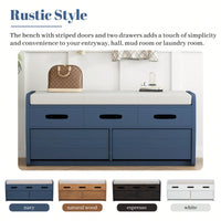 Rustic Storage Bench With Hidden Drawers For Shoes And Accessories, Stylish Entryway Furniture, Functional Living Room Bench - Navy Finish