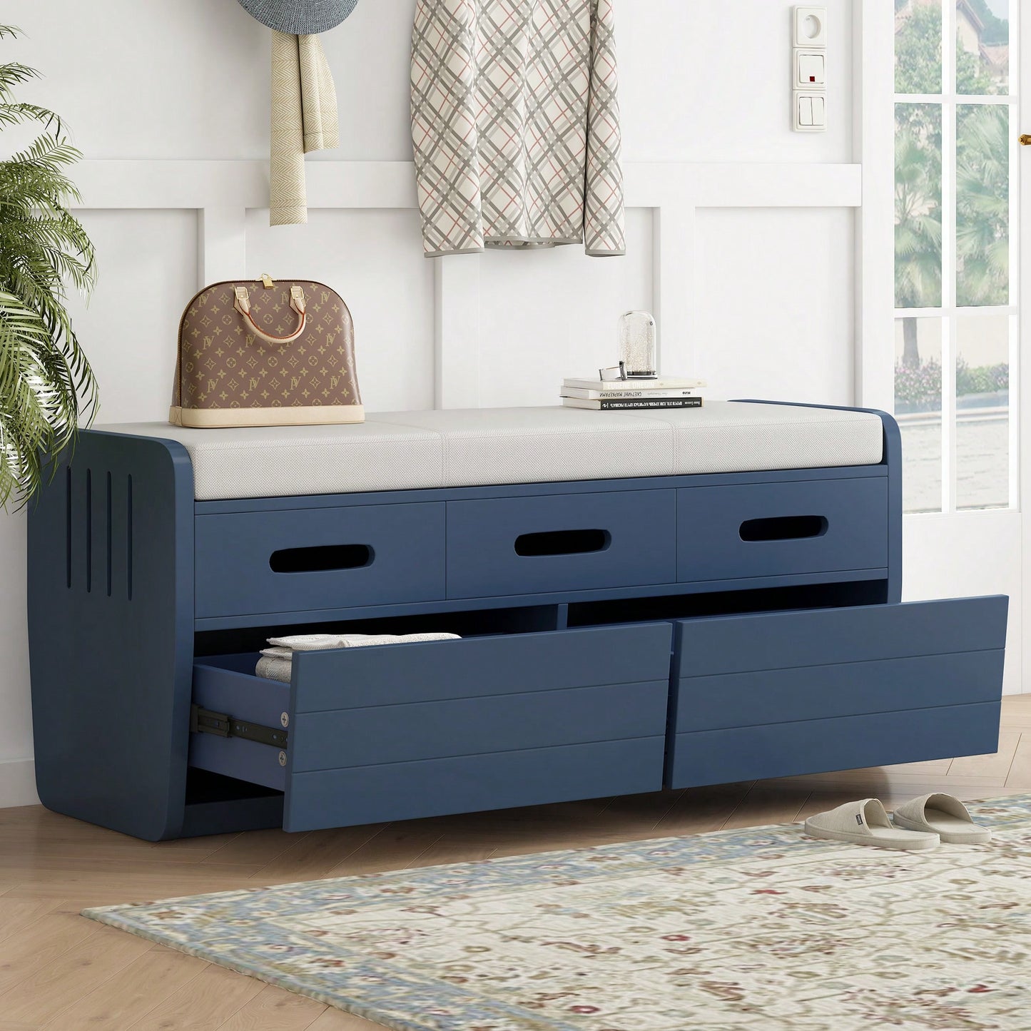 Rustic Storage Bench With Hidden Drawers For Shoes And Accessories, Stylish Entryway Furniture, Functional Living Room Bench - Navy Finish