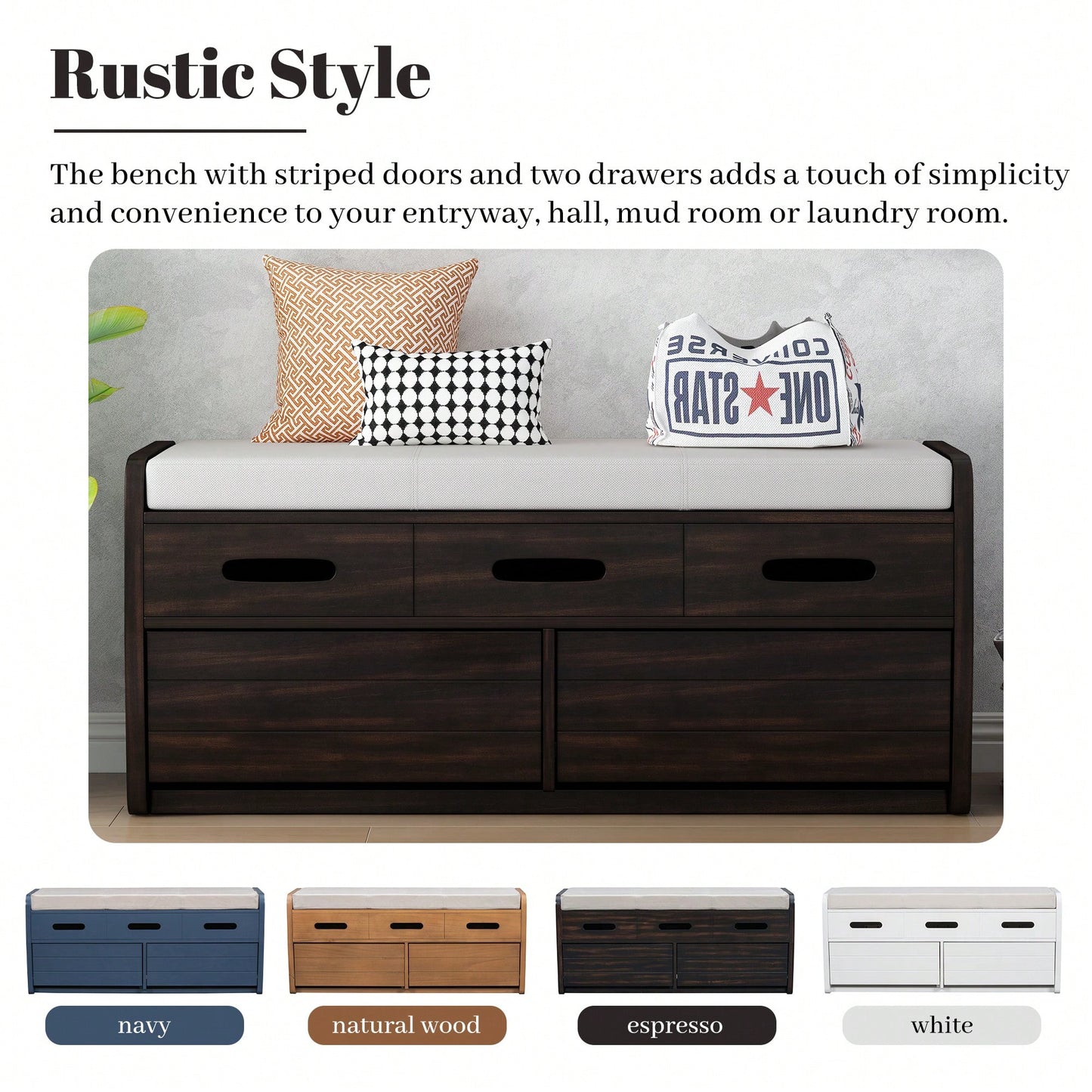 Rustic Storage Bench With Hidden Drawers For Shoes And Accessories, Stylish Entryway Furniture, Functional Living Room Bench - Navy Finish