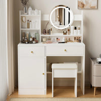 Elegant White Makeup Vanity Set with Adjustable Brightness Mirror and Cushioned Chair for Effortless Beauty Routine