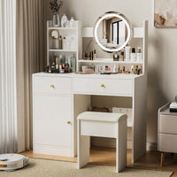 Elegant White Makeup Vanity Set with Adjustable Brightness Mirror and Cushioned Chair for Effortless Beauty Routine