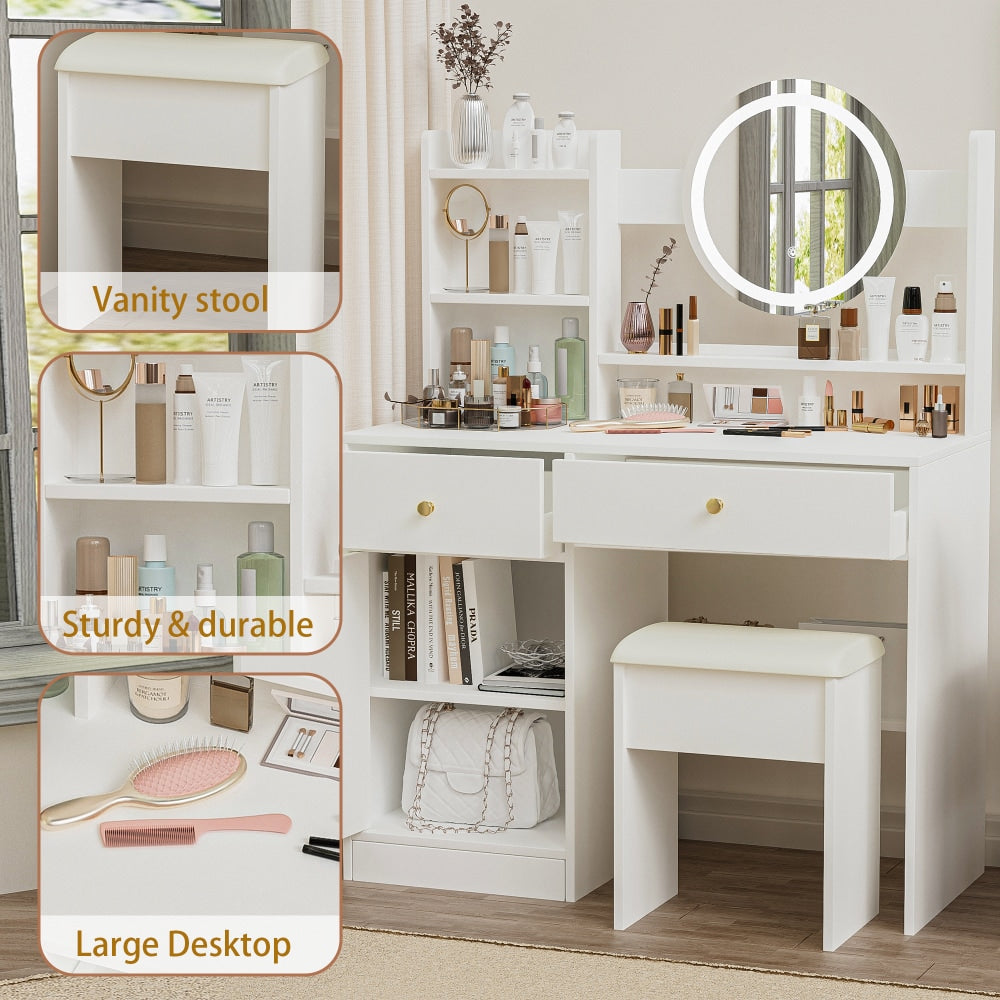 Elegant White Makeup Vanity Set with Adjustable Brightness Mirror and Cushioned Chair for Effortless Beauty Routine