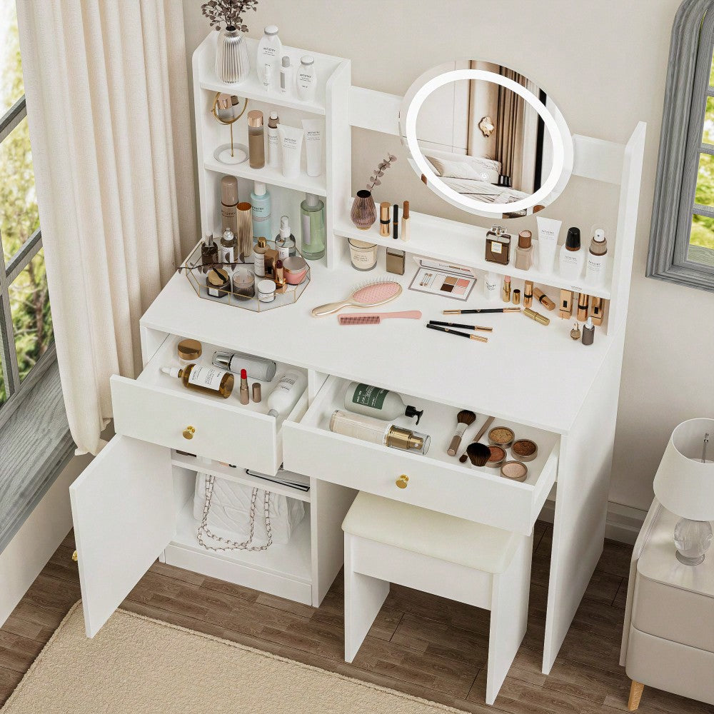 Elegant White Makeup Vanity Set with Adjustable Brightness Mirror and Cushioned Chair for Effortless Beauty Routine