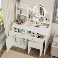 Elegant White Makeup Vanity Set with Adjustable Brightness Mirror and Cushioned Chair for Effortless Beauty Routine