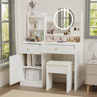 Elegant White Makeup Vanity Set with Adjustable Brightness Mirror and Cushioned Chair for Effortless Beauty Routine