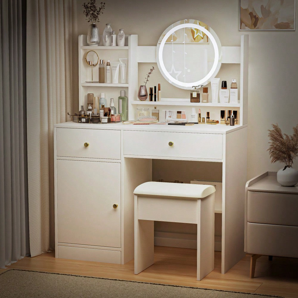 Elegant White Makeup Vanity Set with Adjustable Brightness Mirror and Cushioned Chair for Effortless Beauty Routine