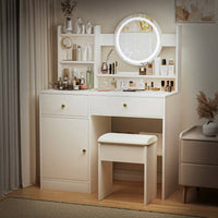 Elegant White Makeup Vanity Set with Adjustable Brightness Mirror and Cushioned Chair for Effortless Beauty Routine