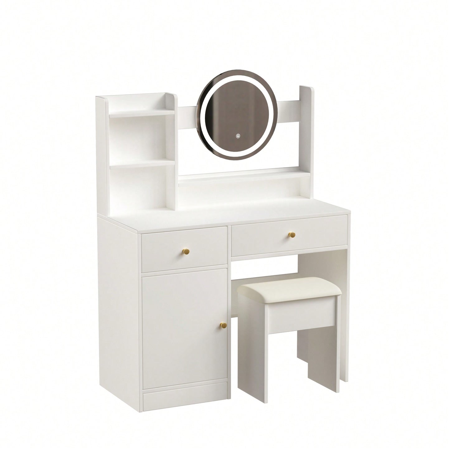 Elegant White Makeup Vanity Set with Adjustable Brightness Mirror and Cushioned Chair for Effortless Beauty Routine