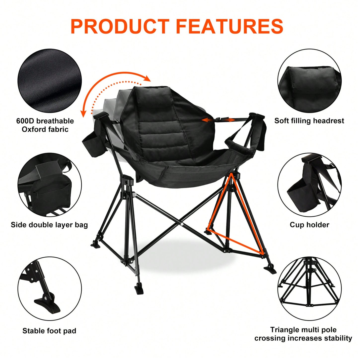 Heavy-Duty Foldable Portable Rocking Camping Chair For Adults - 350 Lbs Capacity Outdoor Swinging Lounge Seat For Lawn And Garden