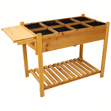 8-Pocket Elevated Wooden Garden Bed With Foldable Side Table And Storage Shelf For Herbs, Vegetables, And Flowers