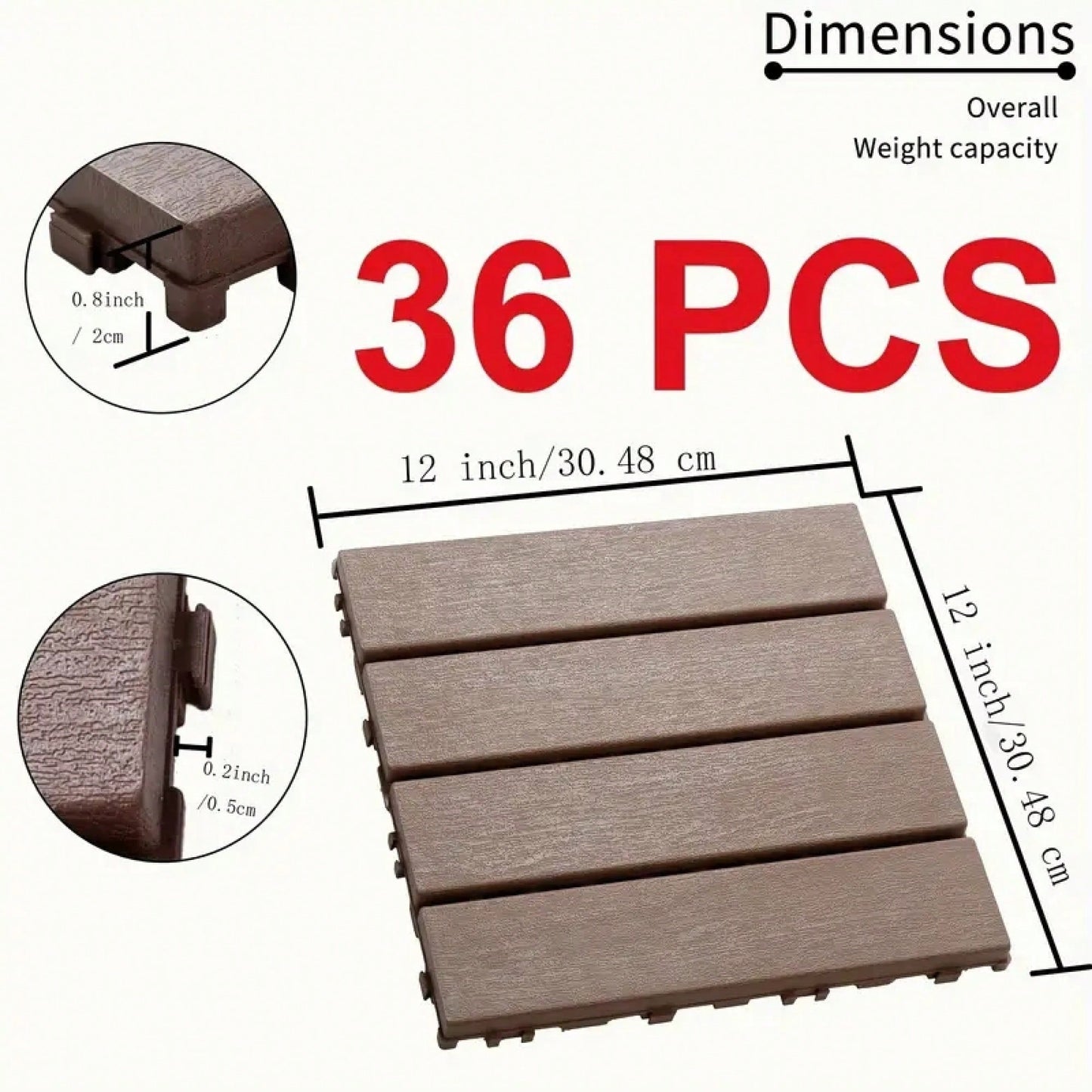 36 Pack Waterproof Plastic Interlocking Deck Tiles - 12"X12" Outdoor Flooring For Patios, Poolside, Balconies, And Backyards, Brown Color