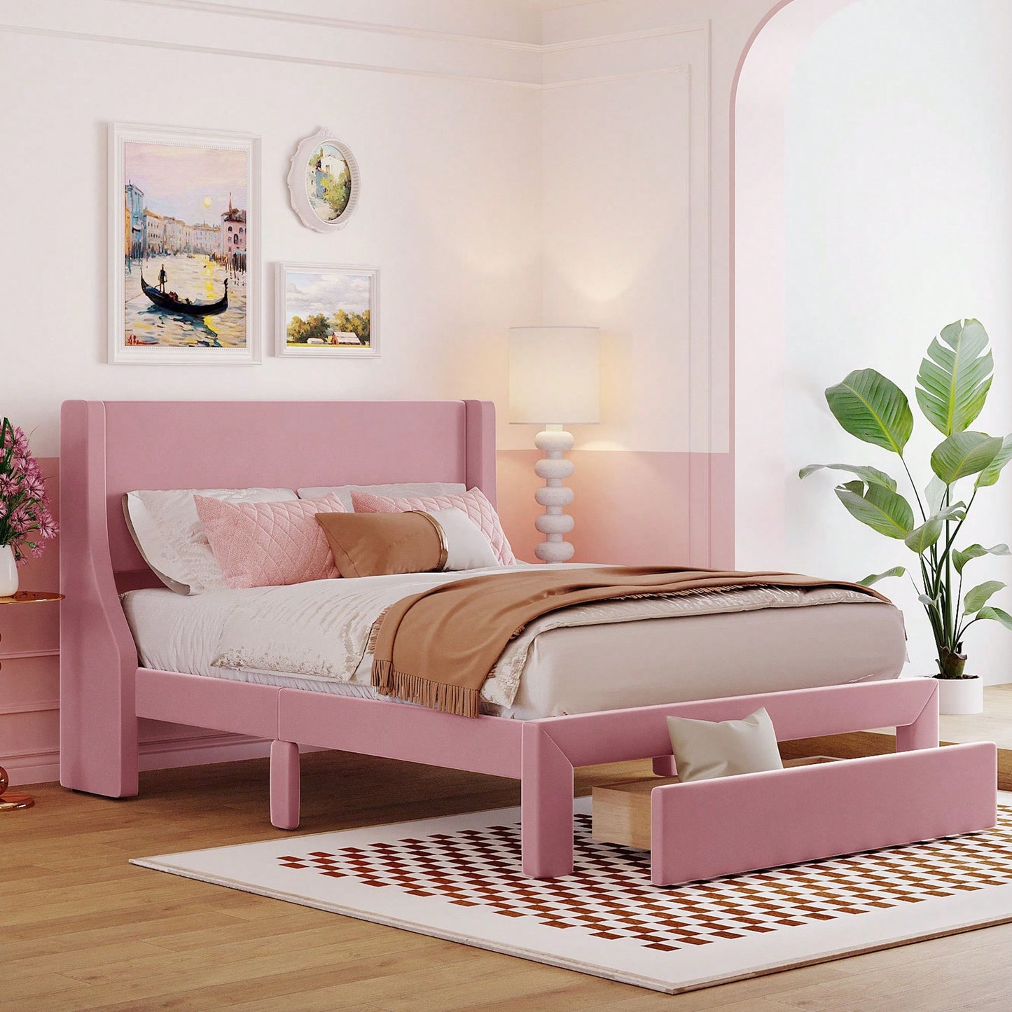 Elegant Velvet Upholstered Full-Size Storage Bed With Large Drawer - Pink