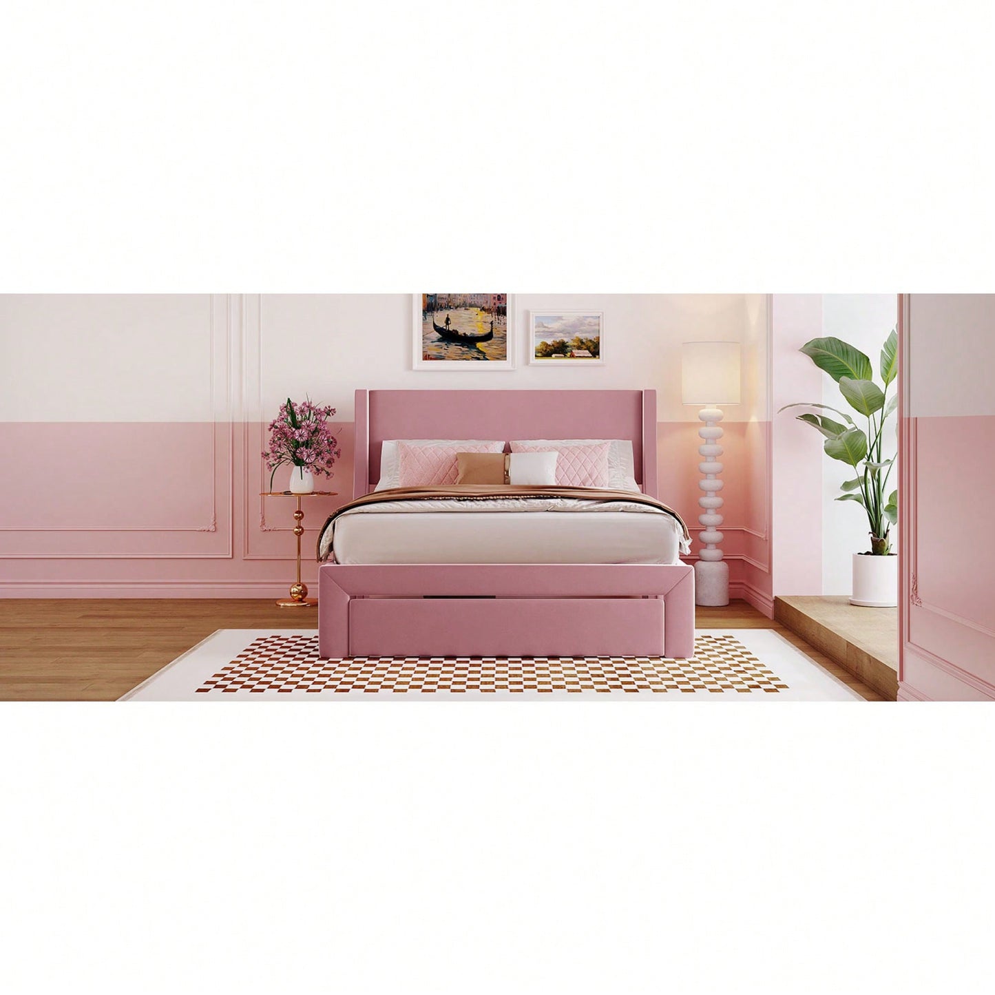 Elegant Velvet Upholstered Full-Size Storage Bed With Large Drawer - Pink