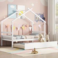 Cozy Twin Size House-Shaped Bed With Trundle In Grey For Kids' Rooms