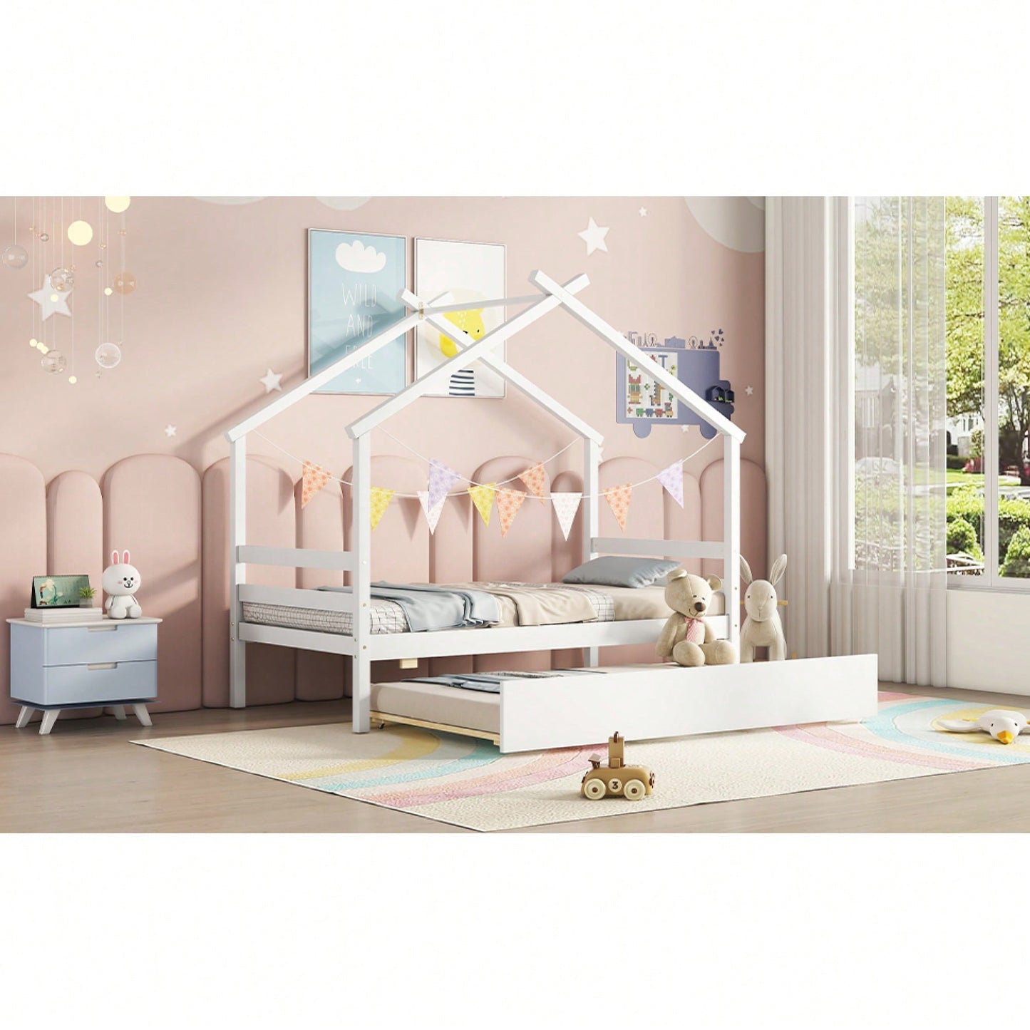 Cozy Twin Size House-Shaped Bed With Trundle In Grey For Kids' Rooms
