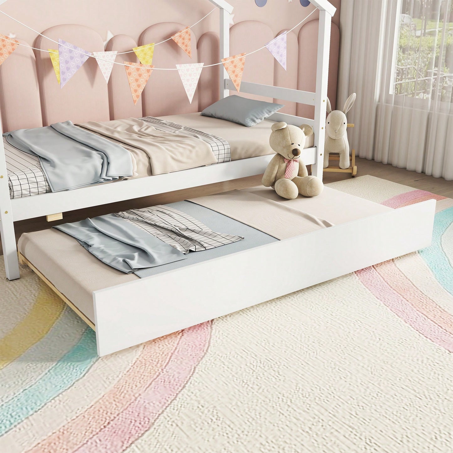 Cozy Twin Size House-Shaped Bed With Trundle In Grey For Kids' Rooms