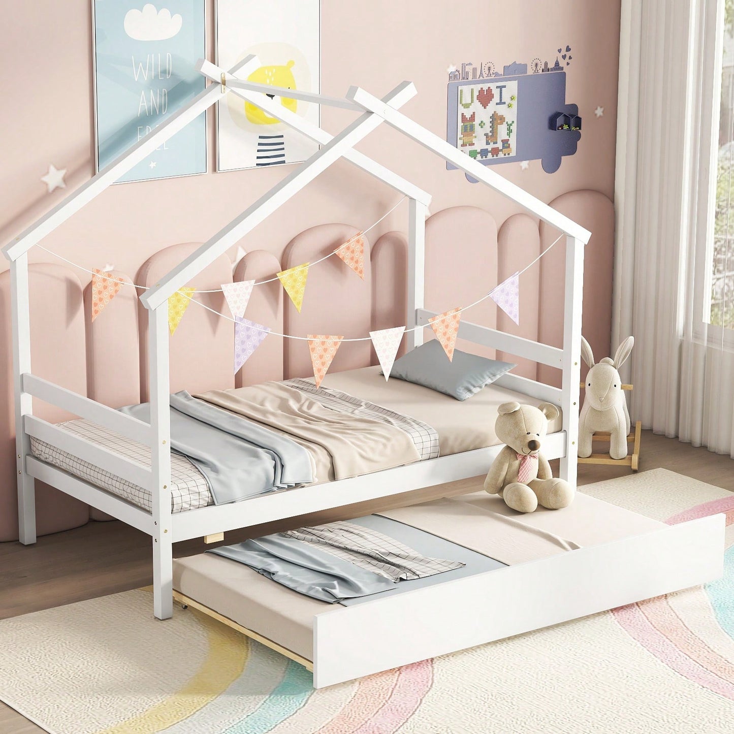 Cozy Twin Size House-Shaped Bed With Trundle In Grey For Kids' Rooms