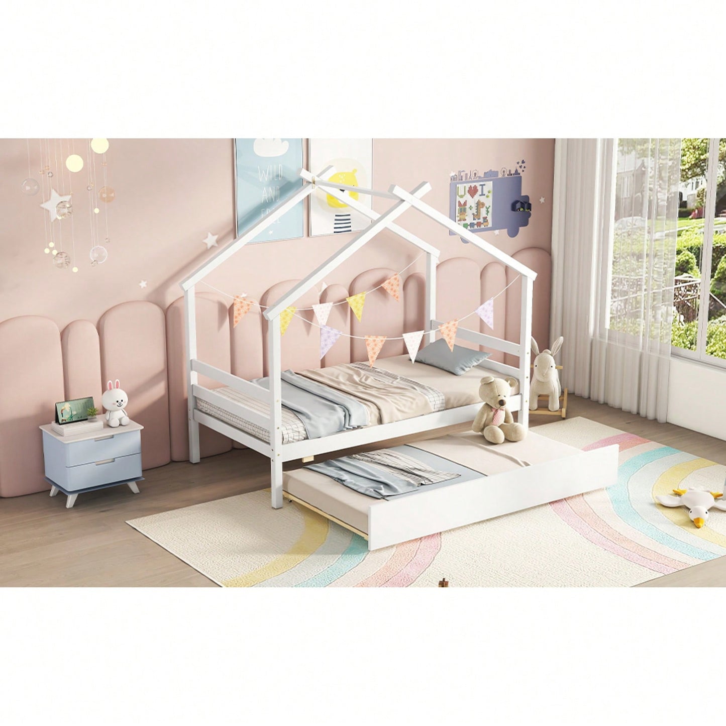 Cozy Twin Size House-Shaped Bed With Trundle In Grey For Kids' Rooms