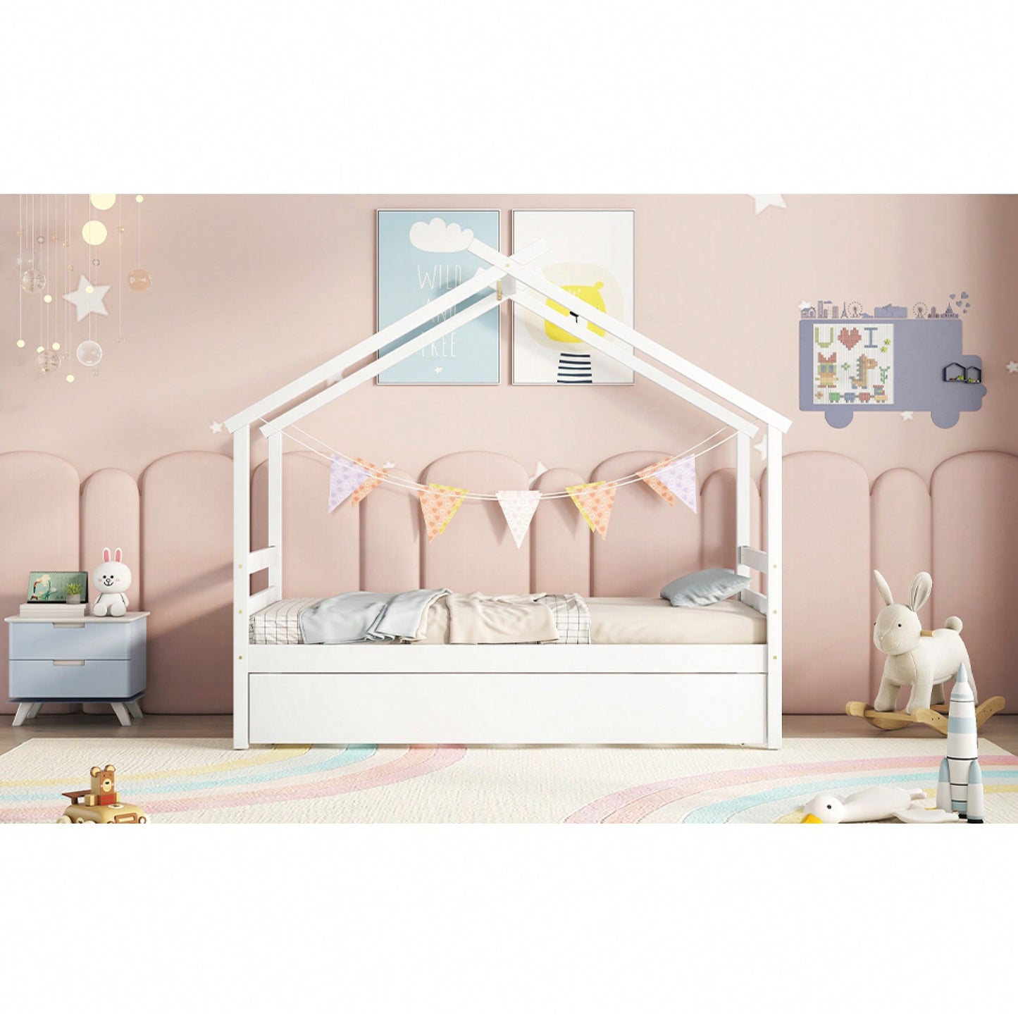 Cozy Twin Size House-Shaped Bed With Trundle In Grey For Kids' Rooms