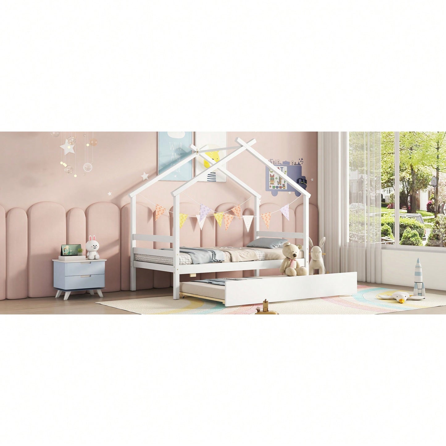 Cozy Twin Size House-Shaped Bed With Trundle In Grey For Kids' Rooms
