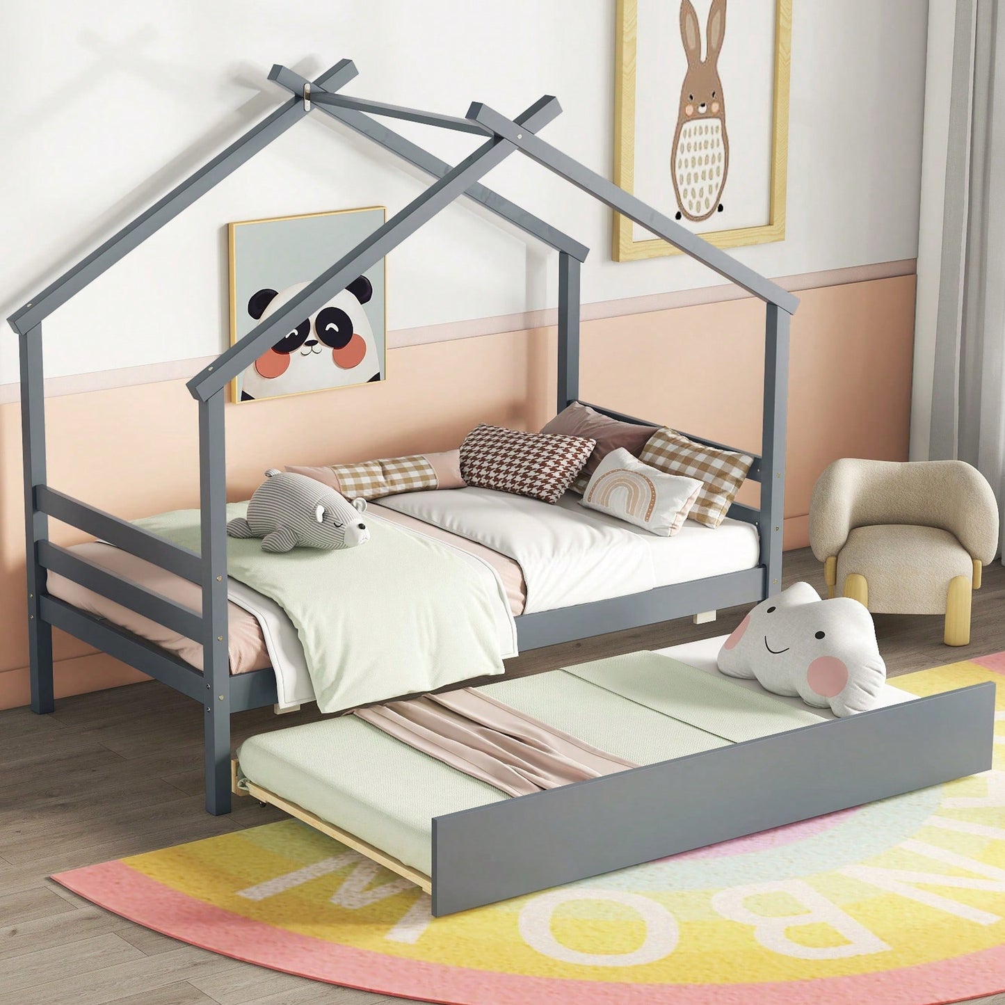 Cozy Twin Size House-Shaped Bed With Trundle In Grey For Kids' Rooms