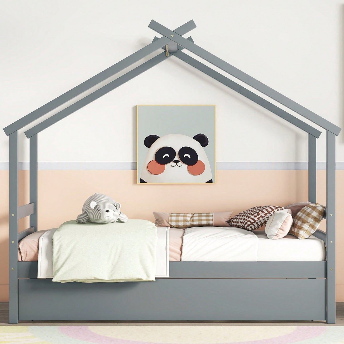 Cozy Twin Size House-Shaped Bed With Trundle In Grey For Kids' Rooms